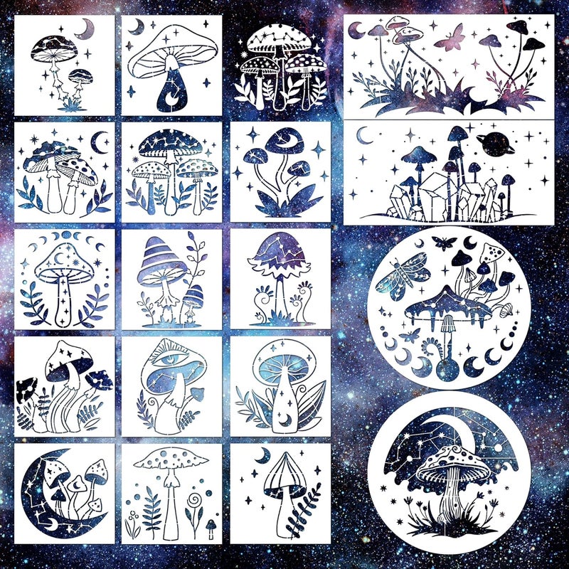 Keluna Mushroom Stencils for Painting, 18 Pcs Bohemian Art Craft, 12 Inch Large Reusable Crescent Moon Phase Drawing Template for Wood Wall Canvas Home Decor - Image 1